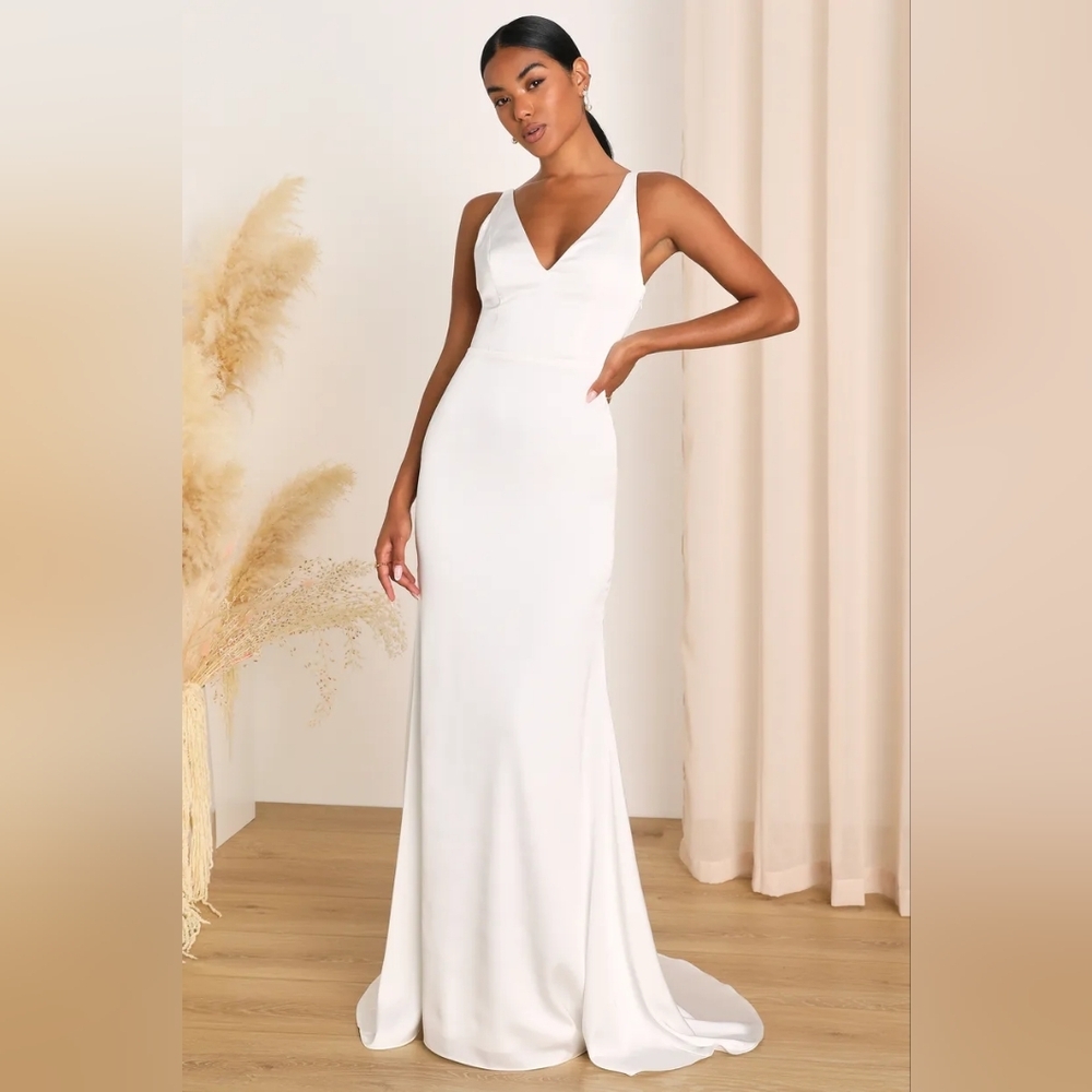 Lulu's Polished Perfection White Satin Sleeveless Mermaid Maxi Dress Wedding
